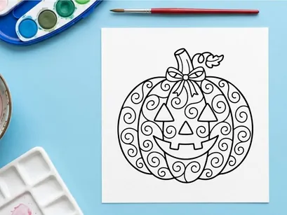 Halloween pumpkin coloring page. Decorative jack-o-lantern line art for kids activity.