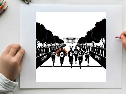 Runners in silhouette approach finish line with crowd and trees