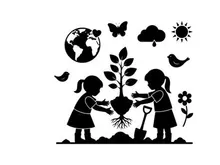 Children planting tree, nature elements vector illustration