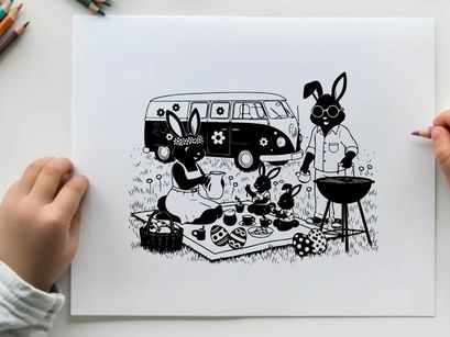 Bunnies picnic silhouette with bbq and flower power van