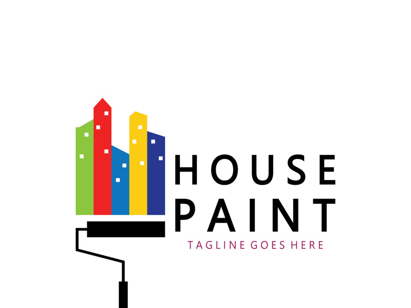 logo icon illustration house paint with a blend of brushes and rollers for house wall paint design, minimalist house, painting, interior, building, property business, wallpaper, vector concept