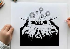 Y2k celebration silhouette with fireworks and confetti