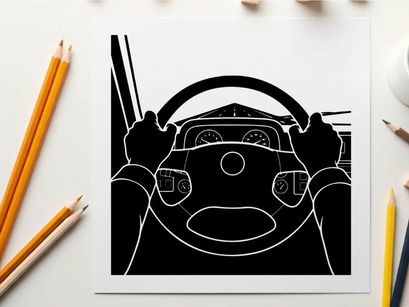 Silhouette of a person driving a car with hands on steering wheel