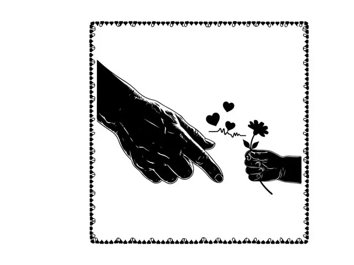 Silhouette of hands exchanging a flower with hearts