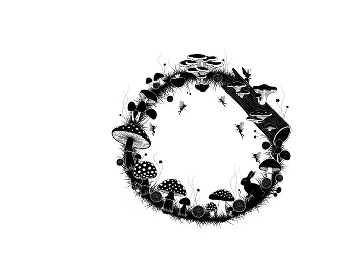 Silhouette of various mushrooms and fungi in a circular pattern