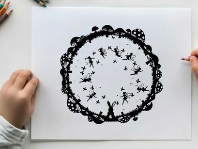 Abstract circular design with black ink splatters on white background