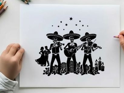 Day of the dead mariachi musicians silhouette with candles and stars