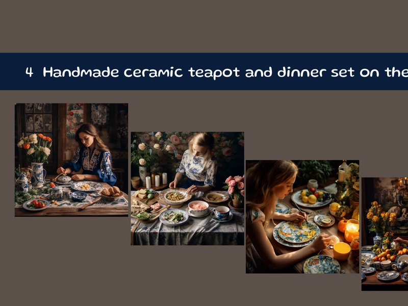 Handmade ceramic teapot and dinner set on the table