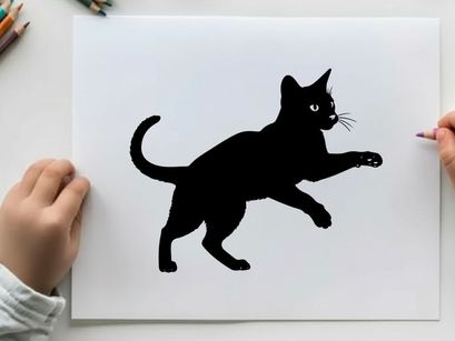 Black cat silhouette running to the right with eyes glowing