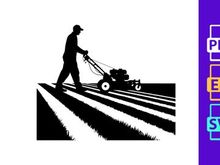 Man silhouette mowing lawn on sunny day with mower