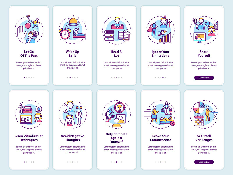 Self-development tips onboarding mobile app page screen with concepts set