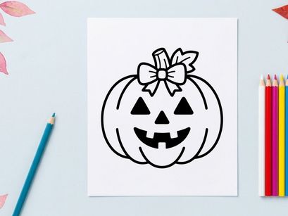 Cute cartoon jack-o'-lantern smiling for Halloween. Friendly pumpkin face with bow decoration for festive autumn designs.