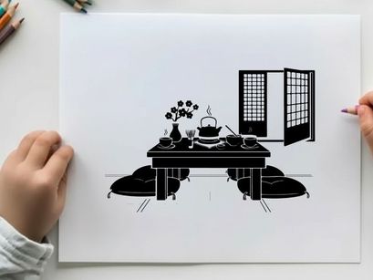 Silhouette of a traditional japanese room interior with table