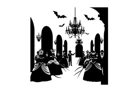 Silhouette of people in a hall with bats and chandelier