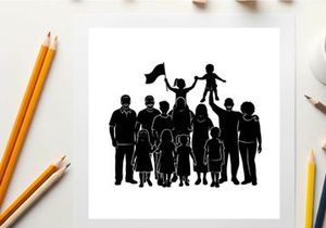 Silhouette of a diverse family with a child on father's shoulders waving a flag