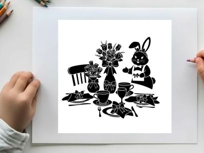 Whimsical silhouette of a bunny at a tea party with flowers