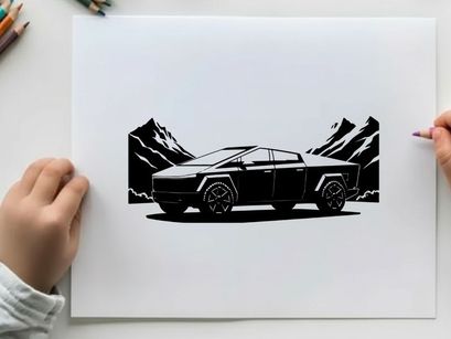 Silhouette of a futuristic electric pickup truck in front of mountains