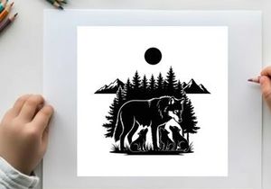 Silhouette of a bear and cubs in a forest under a full moon