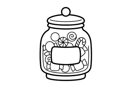 Candy jar coloring page for kids. Black and white line art illustration of sweets.