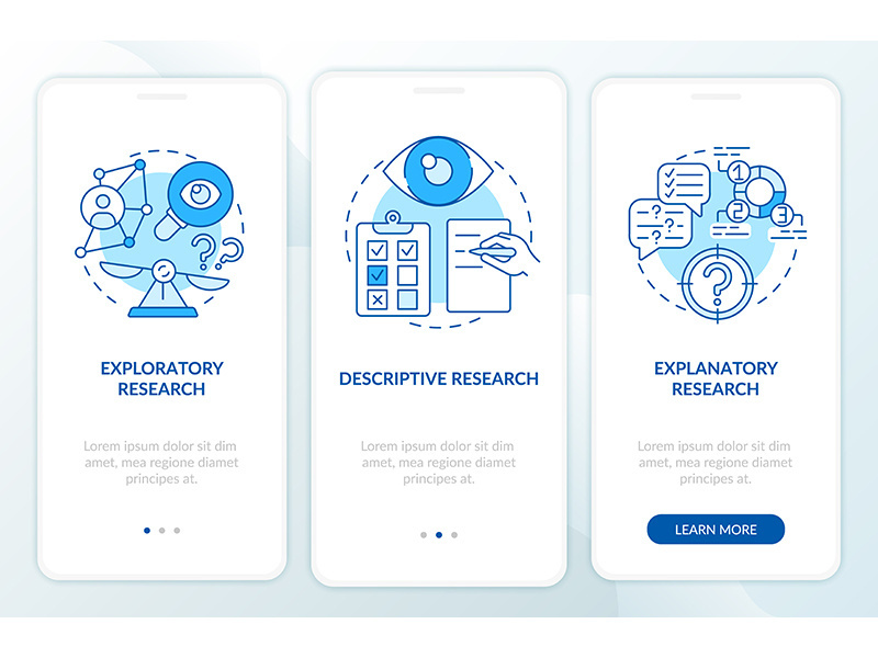 Types of scientific research onboarding mobile app page screen with concepts