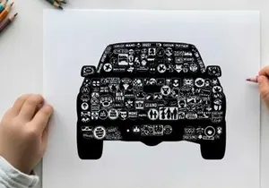 Silhouette of a car covered in numerous small stickers and decals silhouette