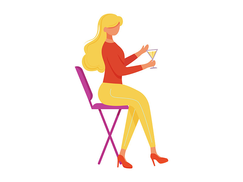 Young woman with cocktail sitting on chair flat vector illustration