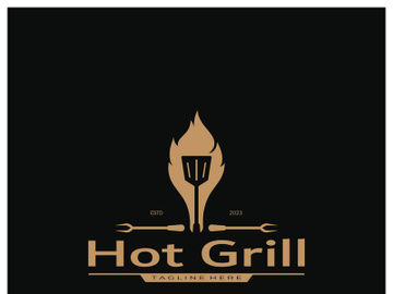 Simple Barbecue Vintage hot grill, with crossed flames and spatula. Logo for restaurant, badge, cafe and bar.vector preview picture