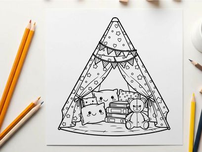 Teddy bear in cozy tent with books vector illustration