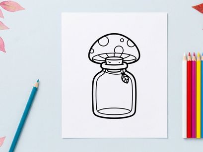 Mushroom glass jar illustration. Cute toadstool bottle drawing for coloring page.