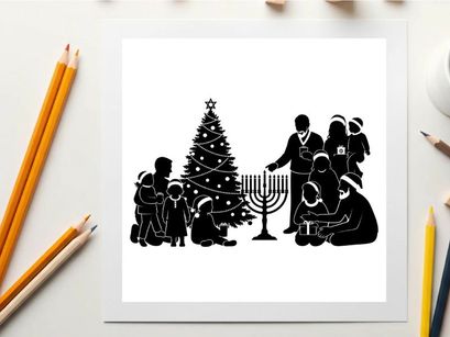 Black silhouette of family celebrating hanukkah and christmas together