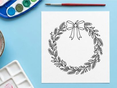 Guirnalda navideña dibujada a mano con ramas de pino y lazo blanco para decoración festiva de temporada