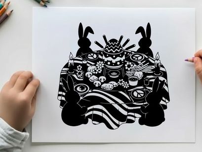 Peaceful silhouette of rabbits and symbols on table