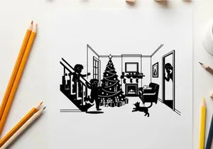 Black and white silhouette of children decorating christmas tree