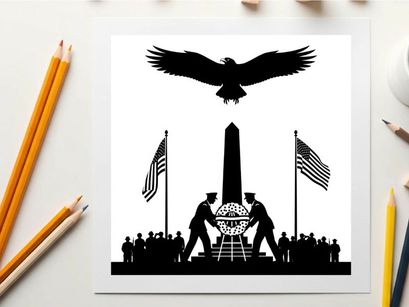 Silhouette of soldiers and eagle at memorial with american flags