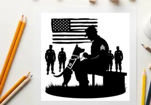Silhouette of a soldier with service dog and american flag
