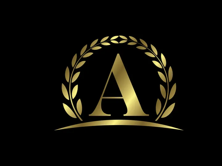 Golden letters with a golden laurel wreath. English alphabet, vector illustration