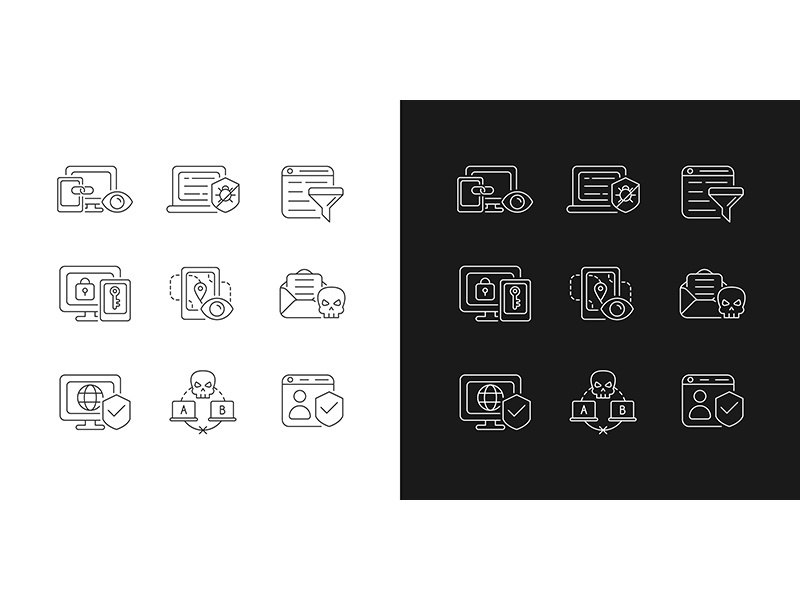 Internet surveillance linear icons set for dark and light mode