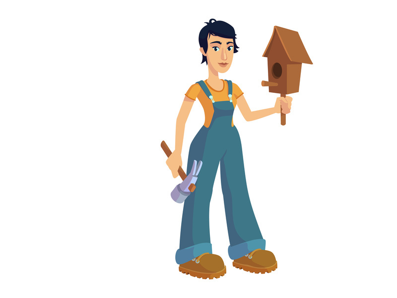 Woman building birdhouse flat cartoon vector illustration
