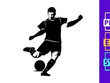 Soccer player kicking a ball in mid action with arms outstretched