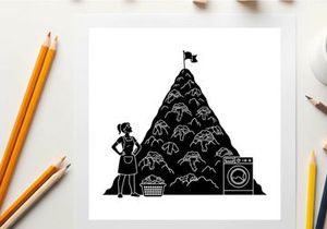 Silhouette of a woman standing beside a gigantic pile of laundry