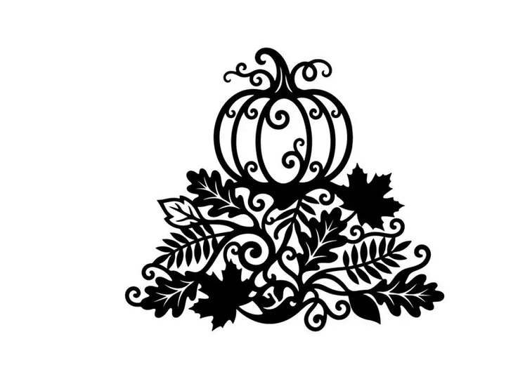 Decorative Halloween Pumpkin with Swirling Design and Leaves