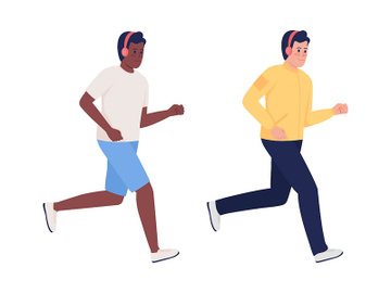 Male marathon runners wearing headphones semi flat color vector characters set preview picture