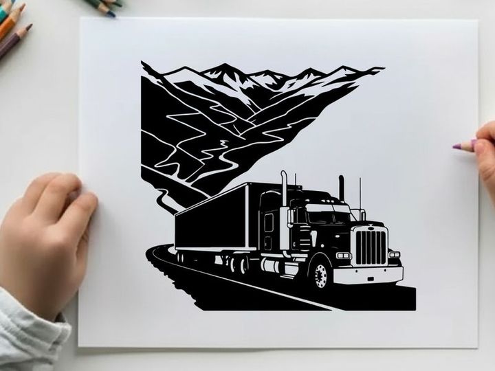 Semi truck silhouette driving on highway through mountain range