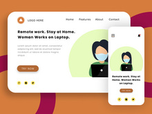 Remote Work. Stay at Home. Woman Works at a Laptop