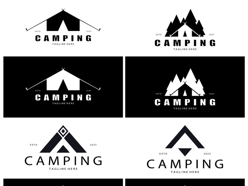 vintage and retro tent logo, camping. With tent, tree and bonfire sign. adventurers, scouts, climbers, camping equipment center