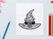 Hand-drawn witch hat with mystical symbols for Halloween design. Vector-style sorceress accessory featuring crescent moon and stars for fantasy ill...