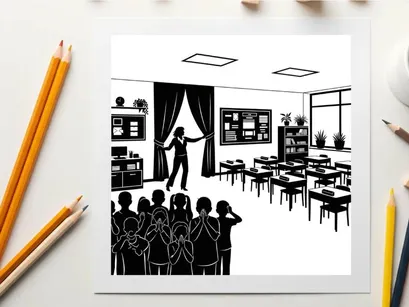 Silhouette of a teacher and students in a classroom setting with curtains