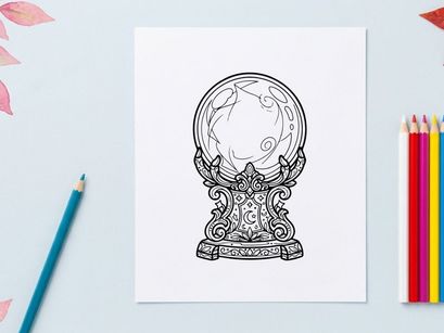Crystal ball line art illustration. Magical fortune teller orb for Halloween design.