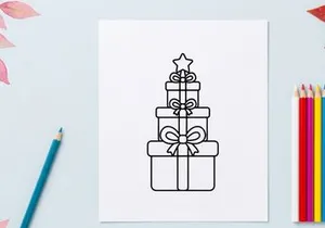 Christmas gift boxes stacked in tree shape with a star topper, black and white line art.