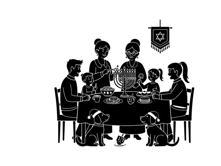 Family celebrating hanukkah with menorah silhouette